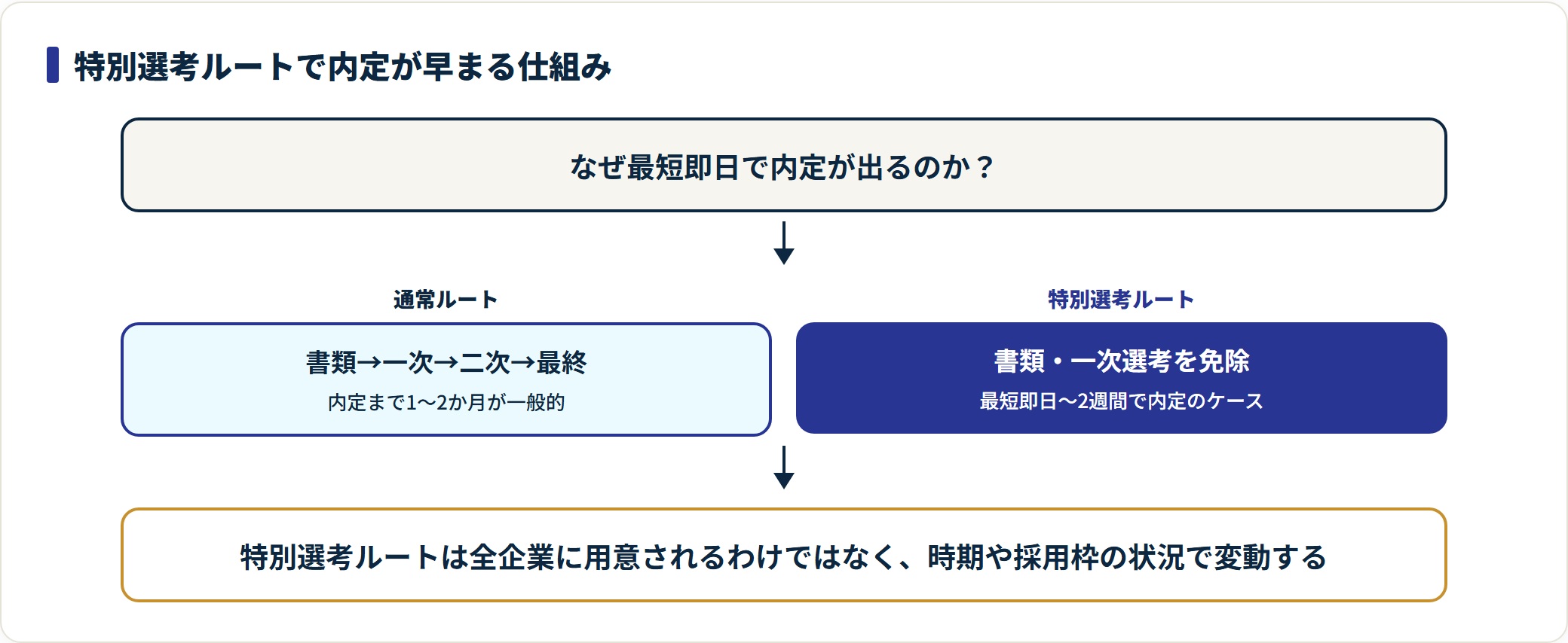 通常の新卒採用ルートと特別選考ルートの選考ステップと所要期間を比較した図。