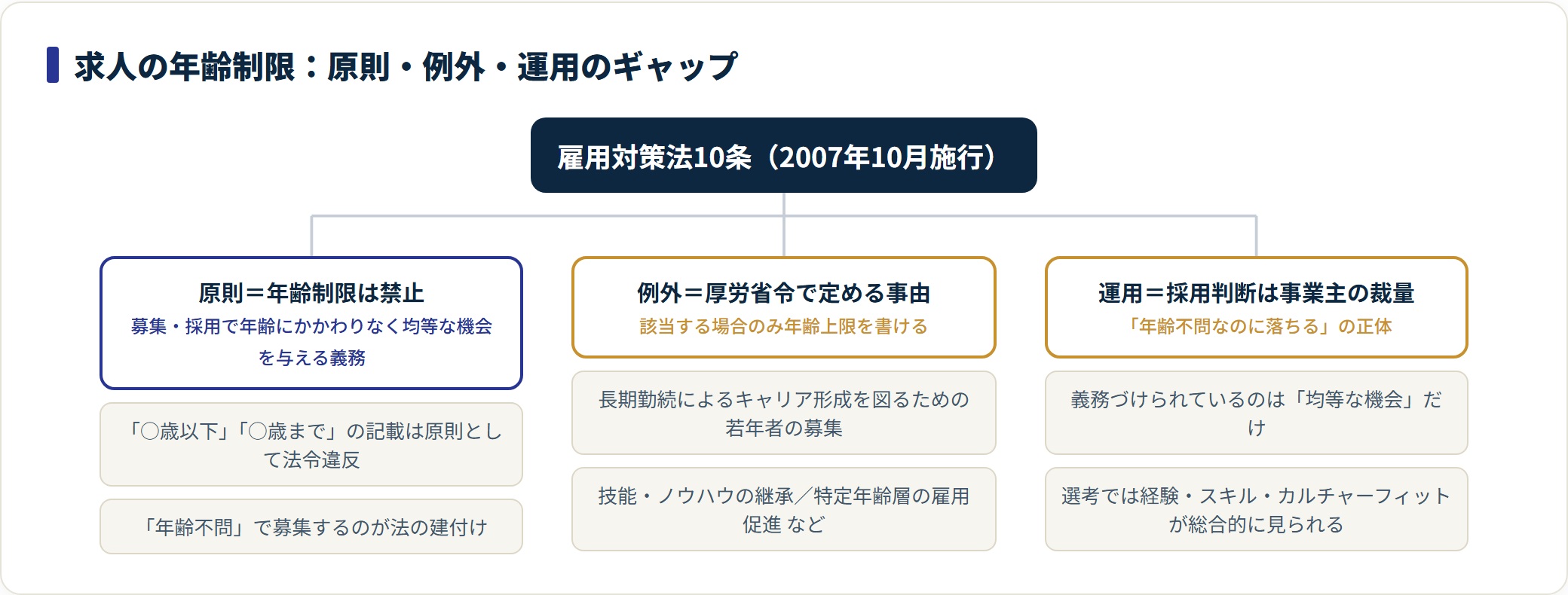 雇用対策法10条の原則・例外・運用のギャップを3系統に分解した図